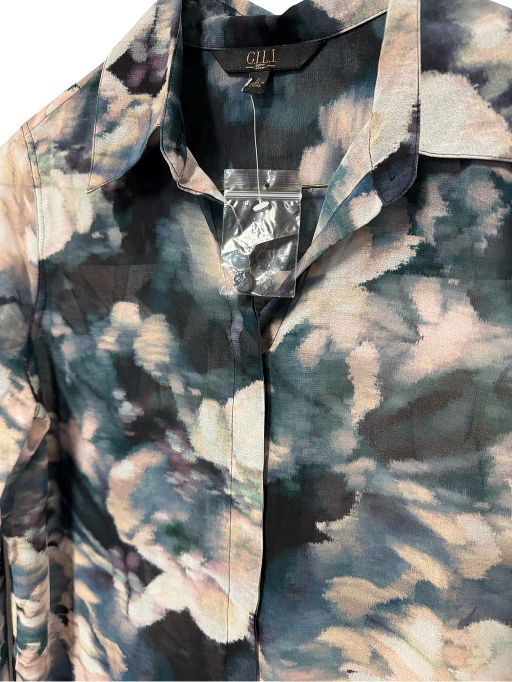 G.I.L.I. Floral Wash Button-Down Blouse in Blue, White, Black - Picture 3 of 6